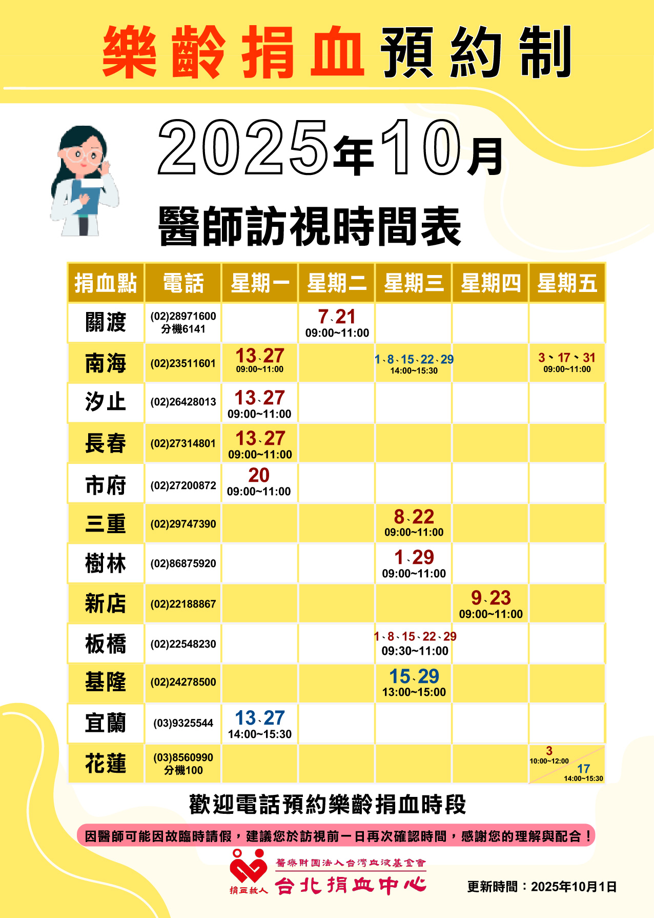 樂齡捐血醫師10月份訪視時間表